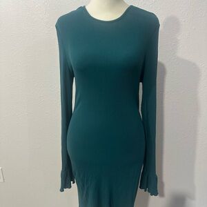 Size 10 ASOS Deep Green Long Sleeve Ribbed T-Shirt Dress with ruffle sleeves